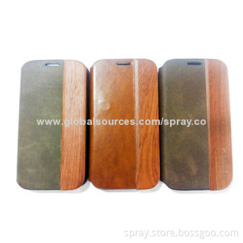 Leather Flip Case with Stand Feature and Wooden Texture for Samsung Galaxy S5 S4